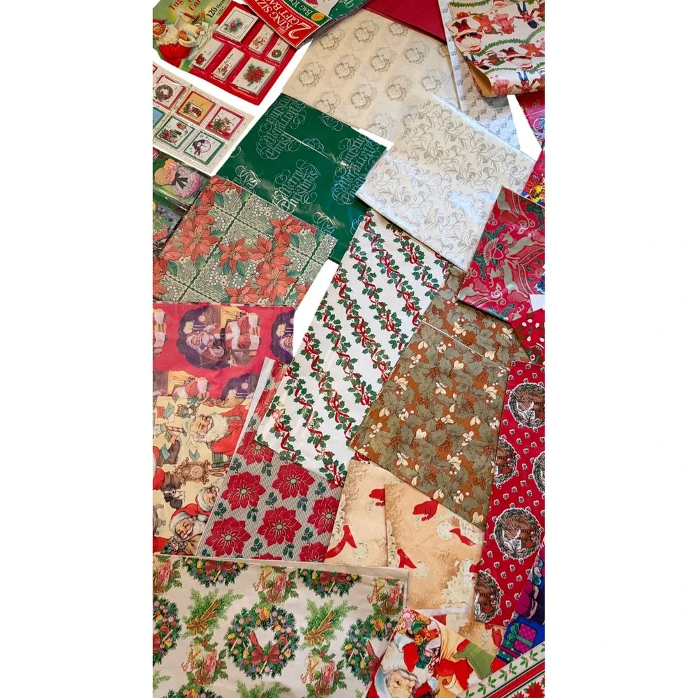 Vintage Christmas Gift Wrap Lot Wrapping Paper Bags Tags Santa Ephemera